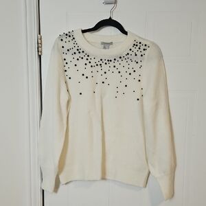 White Cream Sweater Womens Medium Wool Blend Pearl Detail H&M Warm